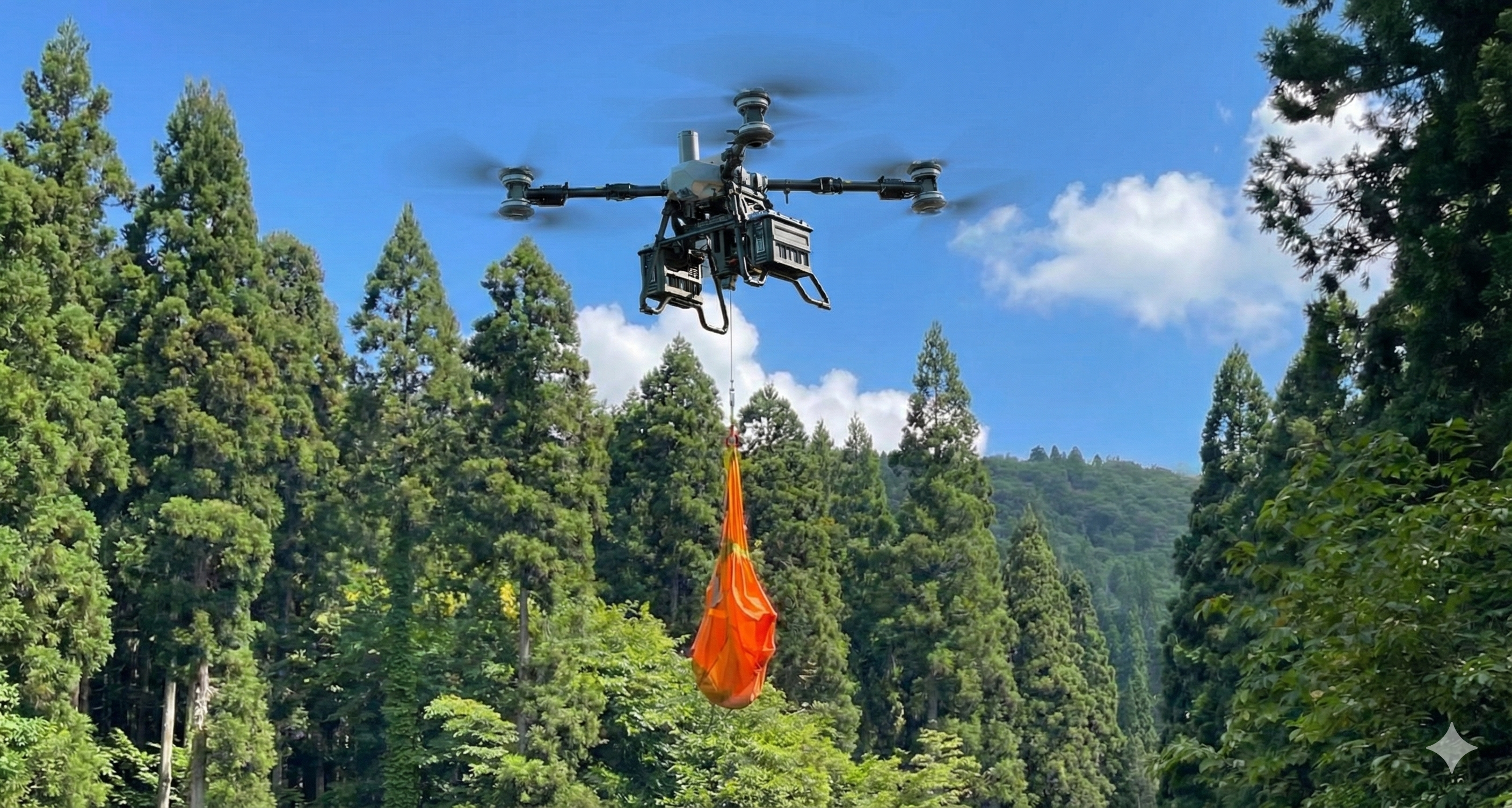 山林の中で重い木材を持ち上げている大型ドローンの実写イメージ